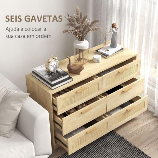Cómoda para Quarto Cómoda de Madeira com 6 Gavetas de Vime Estilo Boêmio para Corredor Escritório 110x40x69 cm Carvalho