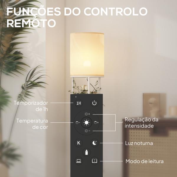 Candeeiro de Pé com Prateleiras 3 Temperaturas de Cor Controlo Remoto e Casquilho E27 Ø29x158 cm Branco