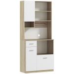 Armário de Cozinha Alto com 3 Portas, 9 Prateleiras, Gaveta e Prateleiras Ajustáveis, Estilo Moderno, 80x35x180 cm, Branco e Carvalho