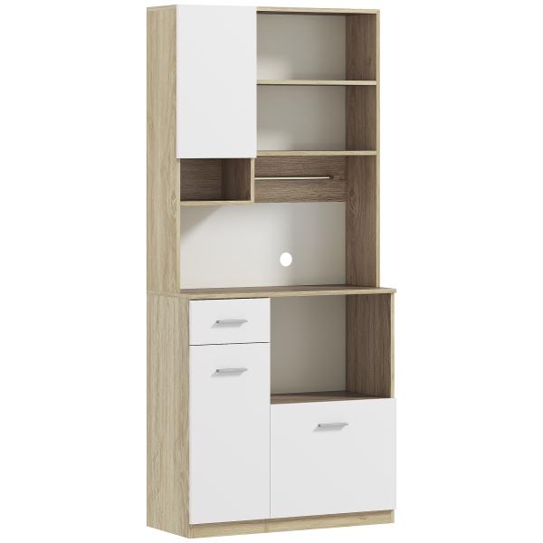 Armário de Cozinha Alto com 3 Portas, 9 Prateleiras, Gaveta e Prateleiras Ajustáveis, Estilo Moderno, 80x35x180 cm, Branco e Carvalho