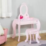 Toucador Infantil com Banco e Espelho Estilo Princesa Mesa de Maquilhagem Infantil com Gaveta 60x36x88cm Rosa