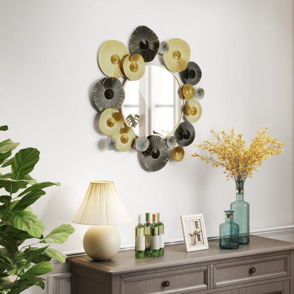 Espelho Decorativo de Parede Metálico para Sala Quarto Corredor 84x84 cm Dourado e Preto