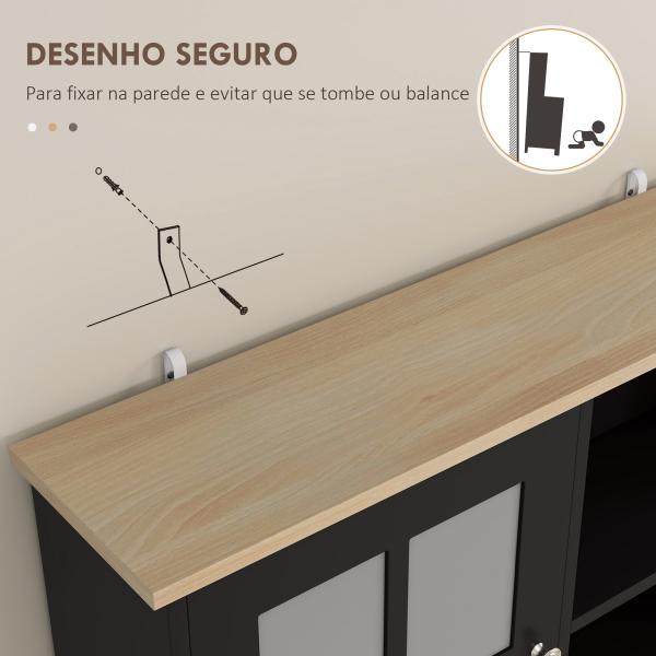 Armário de Cozinha com Prateleiras e Portas de Vidro Armário Alto de Cozinha para Pequenos Eletrodomésticos e Louças 80x37x183 cm Preto