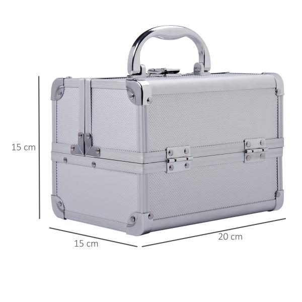 Estojo de Maquiagem Profissional Portátil de Cosméticos com Bandejas de 3 Níveis e Espelho 2 Chaves para Porta - Joias Manicure 15x15x20 cm Prata