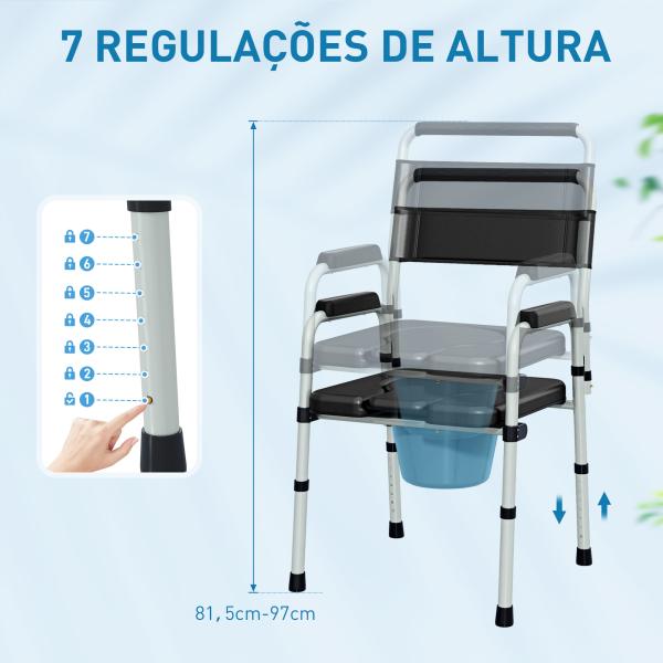 Cadeira Sanita para Pessoas Maiores Dobrável com Altura Ajustável Cubo e Almofadas Antiderrapantes 52,5x46x81,5 - 97 cm Preto