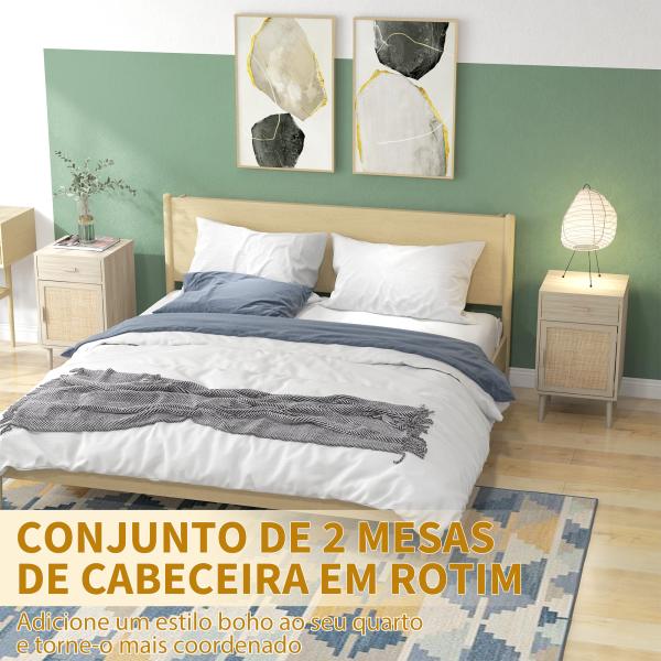Conjunto de 2 Mesas de Cabeceira com Gaveta de Vime e Prateleira Ajustável para Quarto Sala 40x40x68,5 cm Carvalho