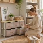 Cómoda com 5 Gavetas de Tecido Cómoda para Quarto Estrutura Metálica 100x30x51.5 cm Madeira e Branco