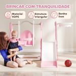 Escorrega Infantil 4 em 1 Parque Infantil com Baloiço e Escorrega Escalador Cesto de Basquetebol 147,5x160x107 cm Rosa