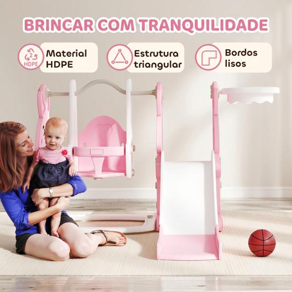 Escorrega Infantil 4 em 1 Parque Infantil com Baloiço e Escorrega Escalador Cesto de Basquetebol 147,5x160x107 cm Rosa