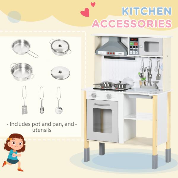 Cozinha Infantil de Madeira Cozinha para Crianças acima de 3 Anos com Altura Ajustável Luz Sons 60x30,5x93,2cm Branco e Cinza