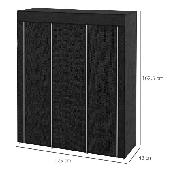 Roupeiro de Tecido Dobrável com 8 Prateleiras de Armazenamento e 2 Barras de Pendurar 125x43x162,5 cm Preto