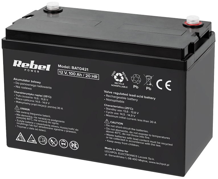 Bateria de Gel 12V 100Ah (333 x 173 x 222 mm) - REBEL
