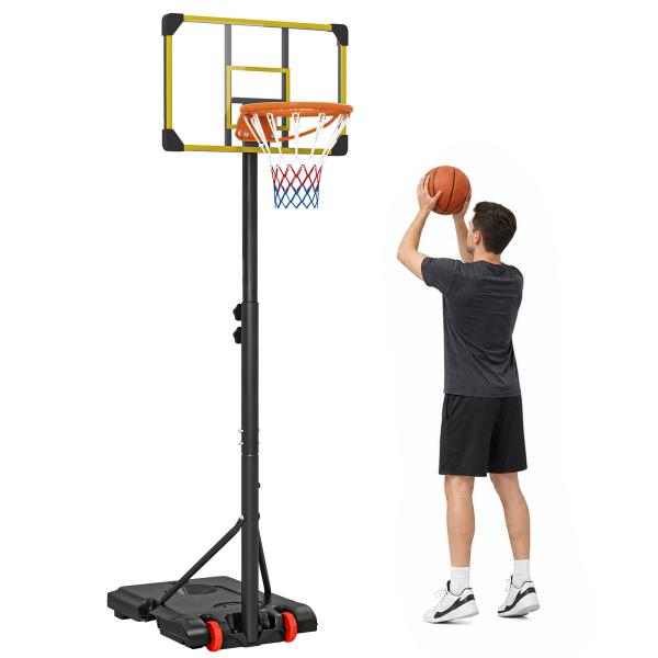 Tabela de Basquetebol com Altura Ajustável 178 - 208 cm Rodas Base Recarregável para Exterior 75x56x210 - 240 cm Amarelo e Preto