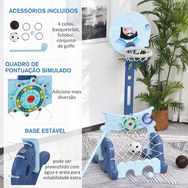 Tabela de Basquetebol 4 em 1 com Altura Ajustável para Crianças acima de 3 Anos Centro de Atividades 58x56x154cm Azul