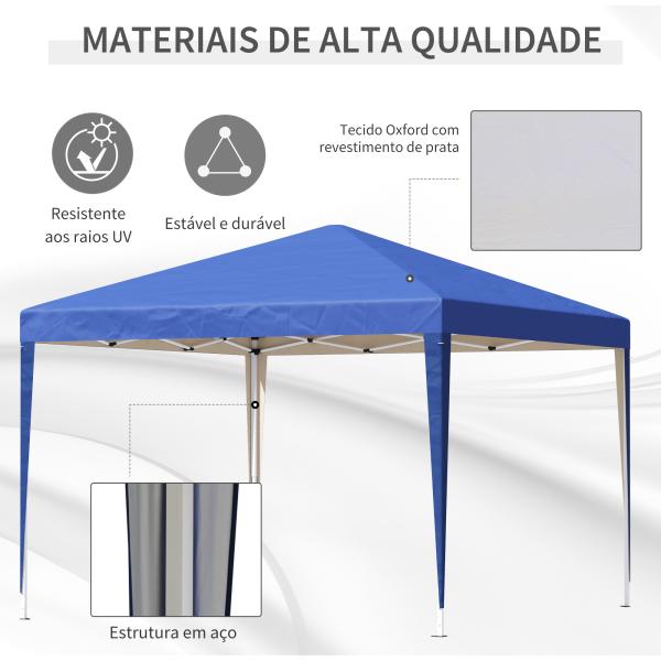 Tenda Dobrável 295x295x255 cm com Bolsa de Transporte Altura Ajustável Anti - UV para Terraço Pátio Azul