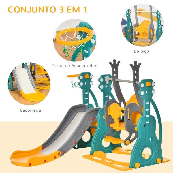 Escorega Infantil com Baloiço e Cesta de Basquetebol 3 em 1 para 18 - 36 Meses com Assento Ajustável Parque Infantil para Interior e Exterior 152x149x107cm Multicor