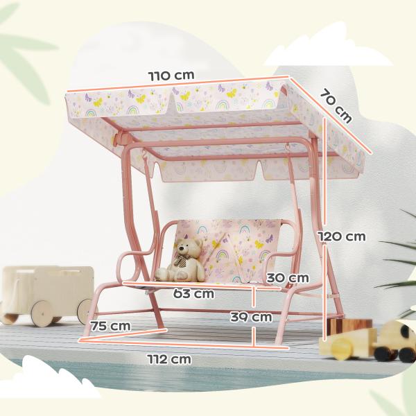 Baloiço de Jardim para Crianças com 2 Lugares Toldo Ajustável Cinto de Segurança e Desenho de Borboletas 112x75x120 cm Rosa