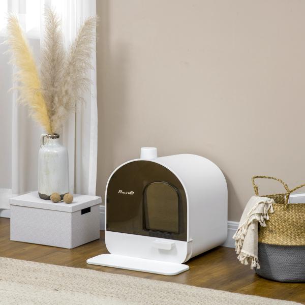 Caixa de Areia para Gatos com Porta Dianteira Bandeja Removível Pá Tapete e Filtro 43x44x47cm Branco