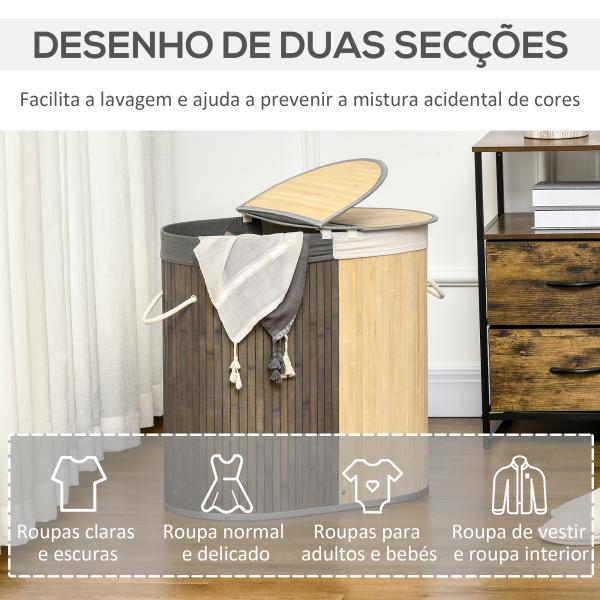 Cesto de Roupa de Bambu Capacidade de 100L com Tampa Rebatível e 2 Compartimentos 62,5x37x60,5cm Cinza e Madeira