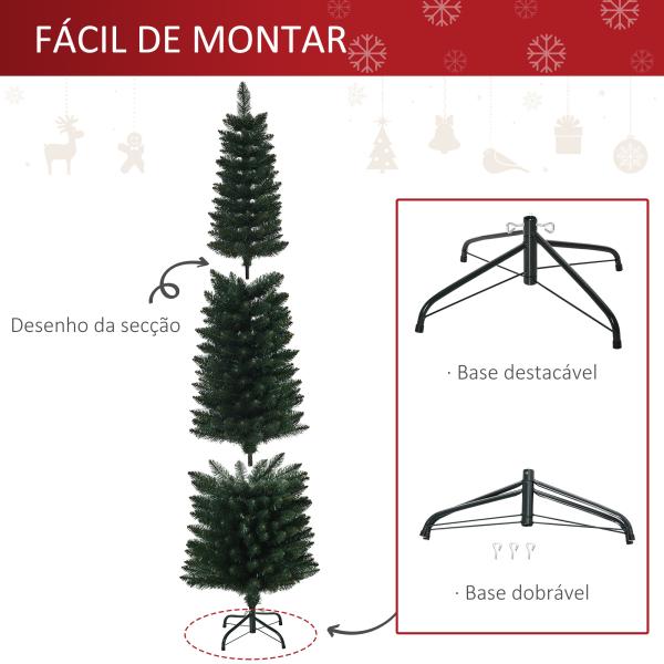 Árvore de Natal Artificial Altura 180cm com 380 Ramos de Folhas de PVC Ignífugos Base Dobrável e Suporte Metálico Ø56x180cm Verde