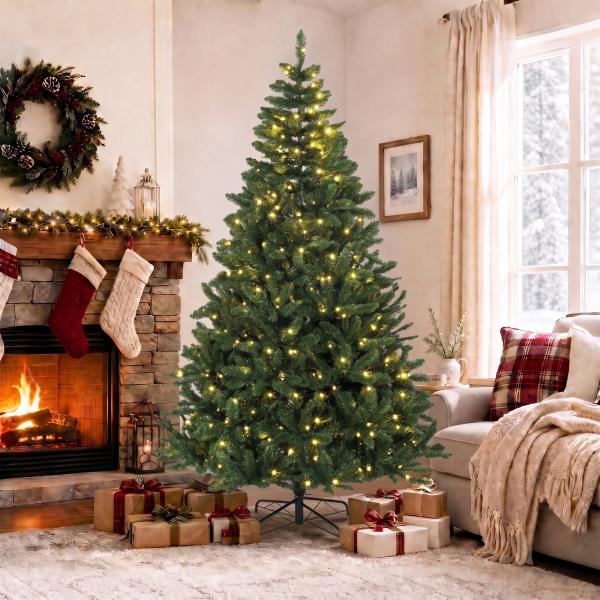 Árvore de Natal 210 cm com 350 Luzes LED, 11 Modos, Controlo Remoto e Base Dobrável em Aço, Verde