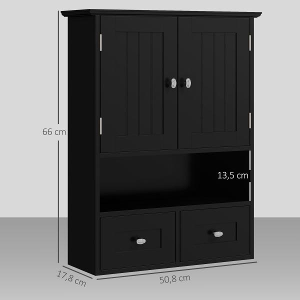 Armário de Parede para Casa de Banho com 2 Portas Prateleira Aberta e 2 Gavetas Estilo Moderno 50,8x17,8x66 cm Preto
