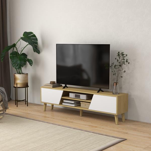 Móvel de TV com 2 Portas e 2 Estantes para Televisores de até 65 Polegadas 150x30x42 cm Madeira e Branco