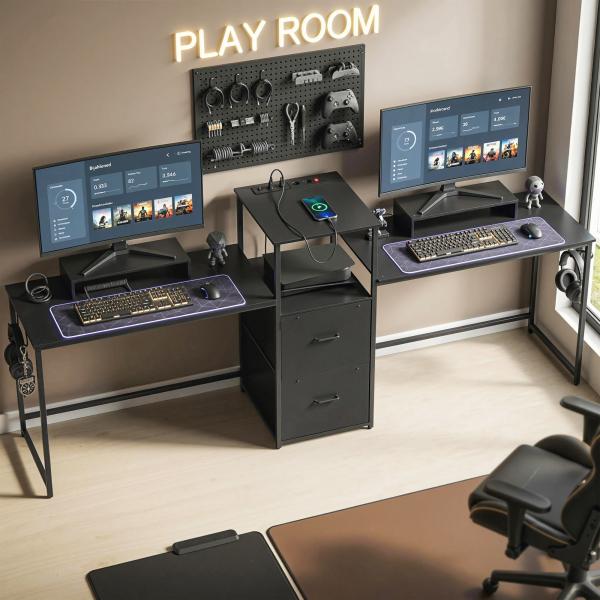 Mesa Gaming Dupla de 244 cm com Estação de Carga Portos USB Suportes para Monitor Gavetas de Tecido Preto