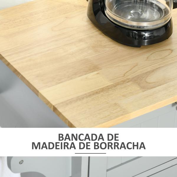 Carrinho de Cozinha com Rodas 2 Gavetas 3 Portas Prateleiras Ajustáveis e Barra para Sala de Jantar 121x46x91cm Cinza e Madeira