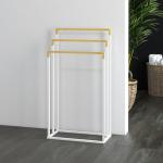 Toalheiro de Pé de 3 Níveis em Forma de Escada com 3 Barras de Bambu e Estrutura de Aço 45x22,5x86 cm Branco e Madeira