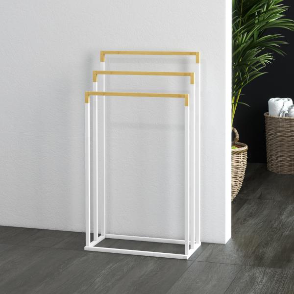 Toalheiro de Pé de 3 Níveis em Forma de Escada com 3 Barras de Bambu e Estrutura de Aço 45x22,5x86 cm Branco e Madeira