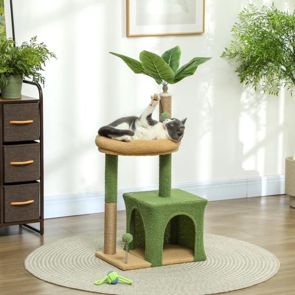 Árvore Arranhadora para Gatos 98 cm com Folhas Artificiais, Toca, Cama, Postes em Juta e 2 Bolas, Verde