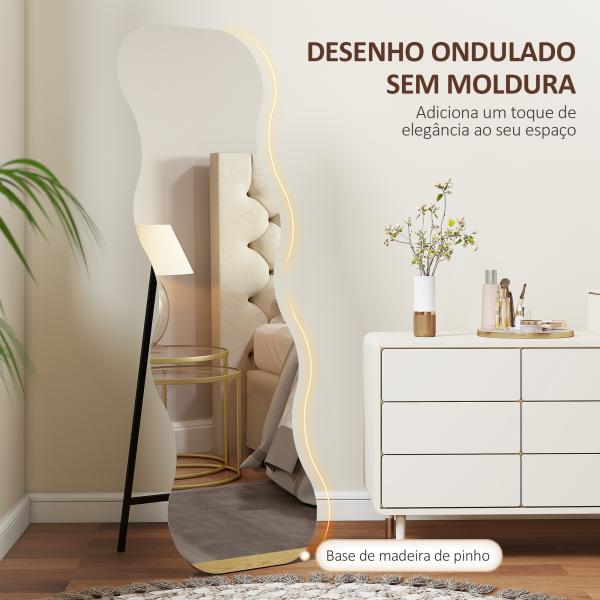 Espelho de Pé 160x50 cm sem Moldura Espelho de Corpo Inteiro com Forma Ondulada Suporte e Base de Madeira Preto