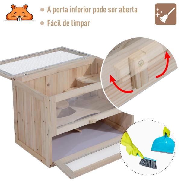 Gaiola de madeira para hamsters e outros pequenos roedores Casa para animais de 2 níveis 60x35x42cm