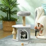 Arranhador para Gatos com Cama Caverna Plataforma Bola Suspensa e Poste de Juta 42x30x66 cm Cinza e Bege
