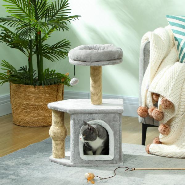 Arranhador para Gatos com Cama Caverna Plataforma Bola Suspensa e Poste de Juta 42x30x66 cm Cinza e Bege