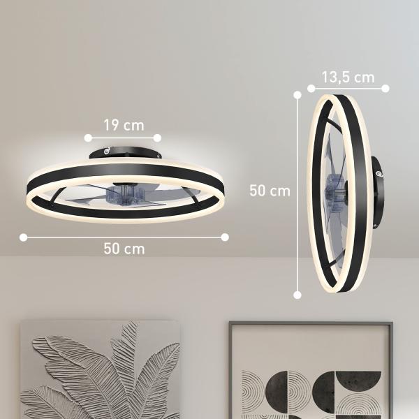 Ventoinha de Teto com Luz LED 6 Velocidades Motor Reversível e Comando Remoto Potência 45W Ø50x13,5 cm Preto