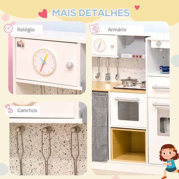 Cozinha Infantil de Madeira Cozinha para Crianças acima de 3 Anos com Luz Sons Máquina de Café Frigorífico Lavatório Branca