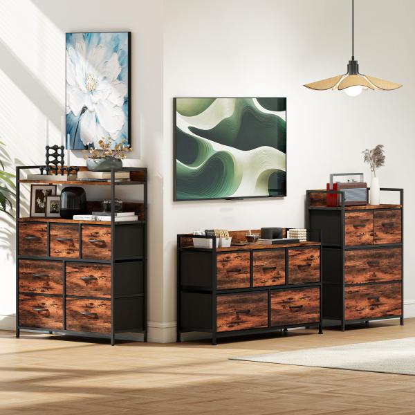 Cómoda com 5 Gavetas de Tecido Cómoda de Estilo Industrial com Estrutura Metálica para Quarto 98x29x63 cm Castanho Rústico
