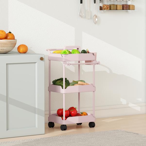 Carrinho Auxiliar com Rodas de 3 Níveis com Cestos Extraíveis Suporte para Toalhas e Estrutura de Metal 42x42,5x76 cm Rosa