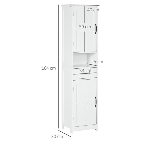 Coluna de Casa de Banho com 2 Portas 1 Gaveta Prateleira Aberta e Prateleiras Ajustáveis 40x30x164 cm Branco