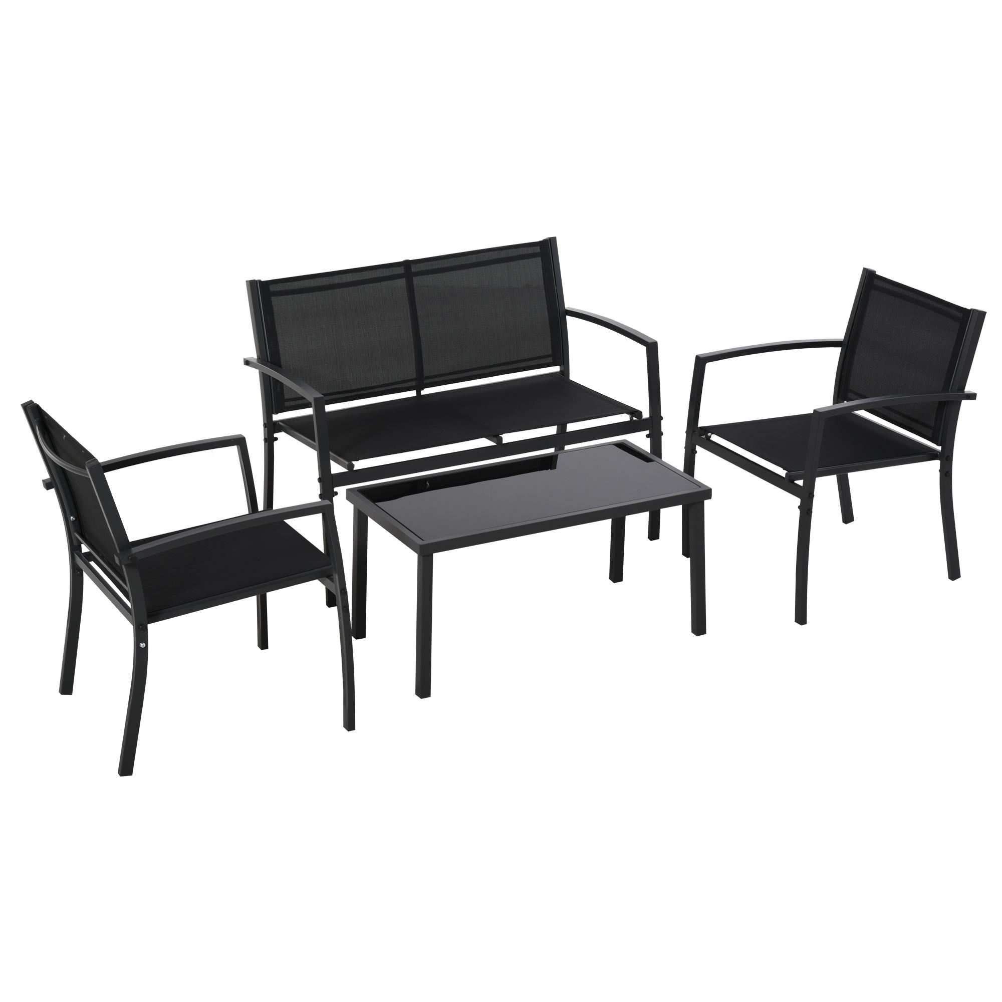 Conjunto de Móveis de Jardim Conjunto de 4 Peças com 2 Poltronas 1 Sofá de 2 Lugares e Mesa de Centro com Tampo de Vidro Preto
