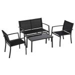 Conjunto de Móveis de Jardim Conjunto de 4 Peças com 2 Poltronas 1 Sofá de 2 Lugares e Mesa de Centro com Tampo de Vidro Preto