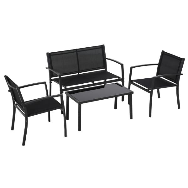 Conjunto de Móveis de Jardim Conjunto de 4 Peças com 2 Poltronas 1 Sofá de 2 Lugares e Mesa de Centro com Tampo de Vidro Preto