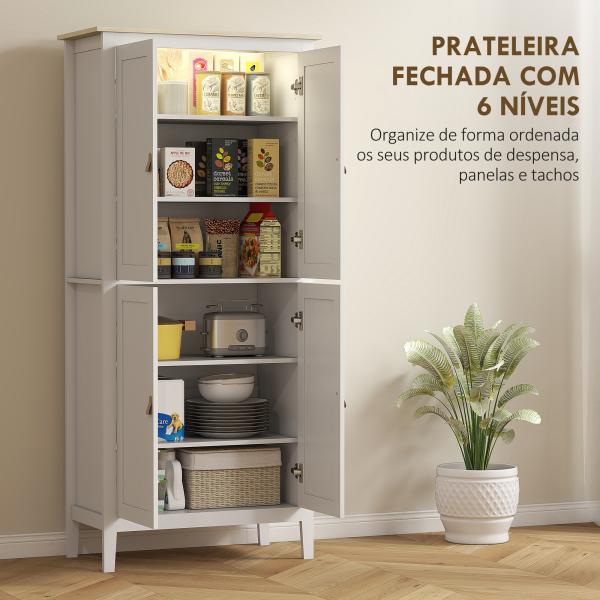 Armário de Cozinha com Luz LED Sensor de Movimento Móvel Auxiliar de Cozinha com Iluminação Regulável em 3 Cores 4 Portas e Prateleiras Ajustáveis 80x40x176,5 cm Branco