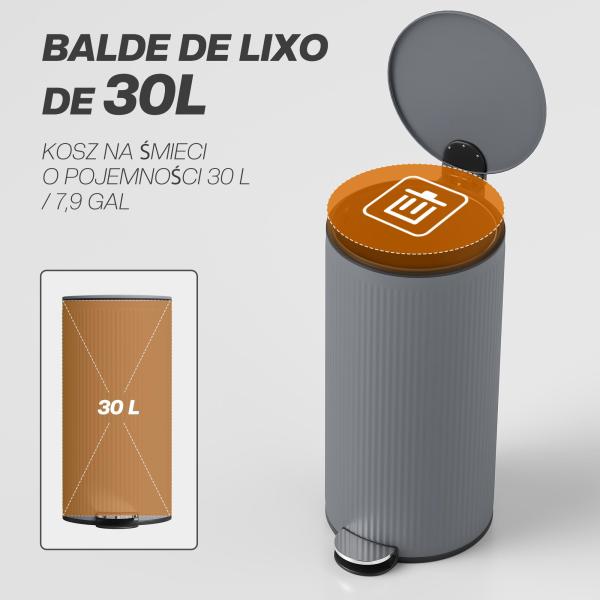 Balde do Lixo para Cozinha com Pedal 30L Cubo de Lixo Metálico com Tampa de Fecho Suave e Balde Removível 36x30x60,5 cm Cinza