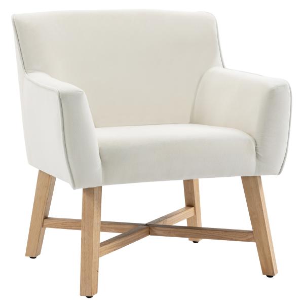 Poltrona de Sala de Estar Estofada em Veludo Poltrona Relax Moderna com Apoio para os Braços Acolchoados Pés de Madeira e Base Cruzada para Dormitório 67x65x74cm Branco Creme