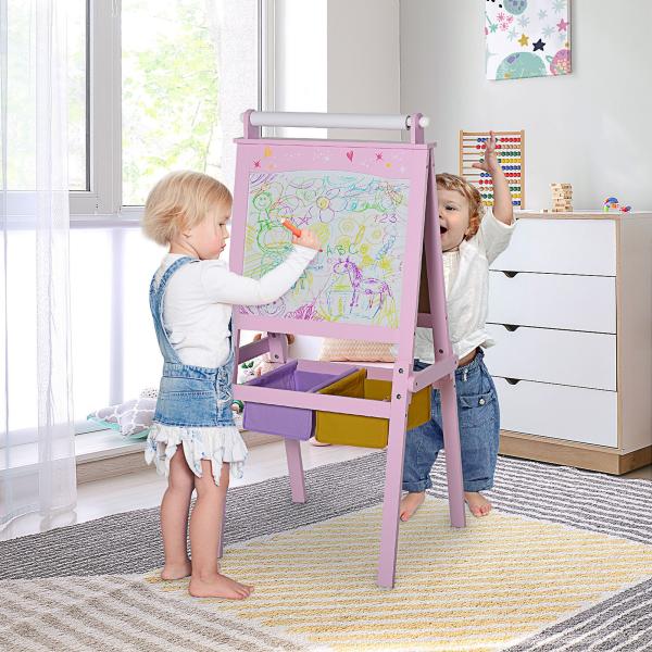 Cavalete Infantil 3 em 1 Cavalete de Arte para Crianças com Quadro Rolo de Papel e 2 Cestos 58,5x50,5x118 cm Rosa