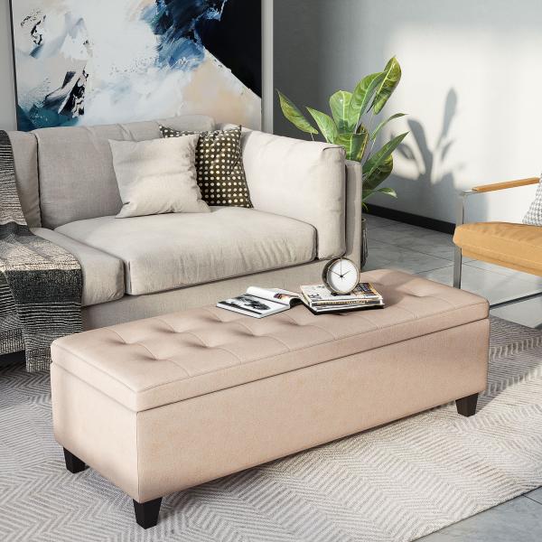 Banco de Armazenamento Acolchoado Banco Estofado em Linho Tampa com Abertura 125x49x41,5 cm Bege