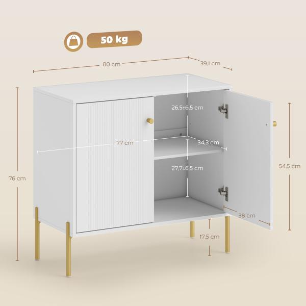 Aparador Moderno de 2 Portas Prateleiras Ajustáveis Bancada com Efeito Mármore e Pés de Aço 80x39,1x76 cm Branco